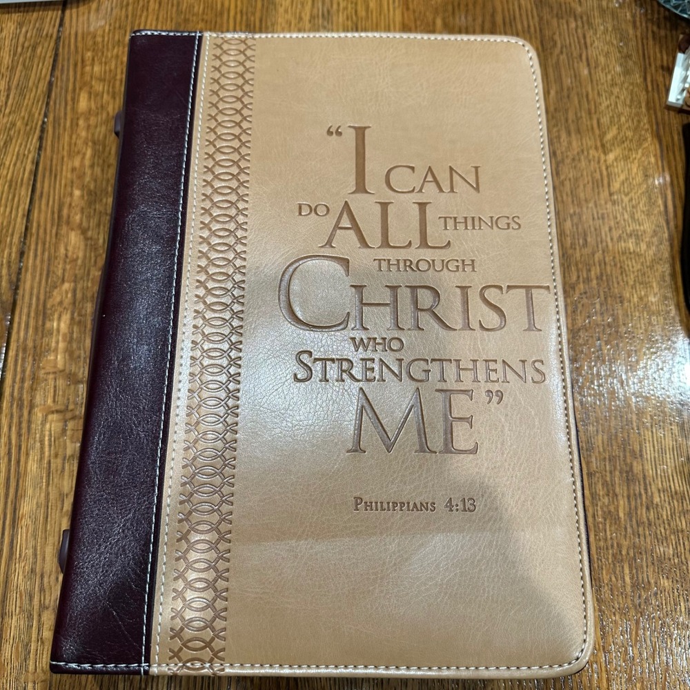 Unbranded Bible Cover Unisex Large Tan Burgundy Excellent Philippians 4:13 Case